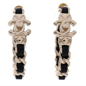 Chanel Lambskin CC Turnlock Chain Hoop Earrings Gold Black